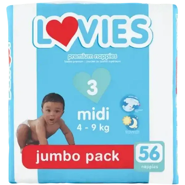 Lovies Midi Size 3 4-9kg Premium Nappies Jumbo 56 Pack
