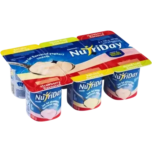 Danone NutriDay Banana, Mixed Fruit & Strawberry Flavoured Low Fat Smooth Yoghurt 6 x 100g