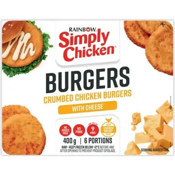 RAINBOW Simply Chicken Frozen Crumbed Chicken Burgers with Cheese 6 Pack
