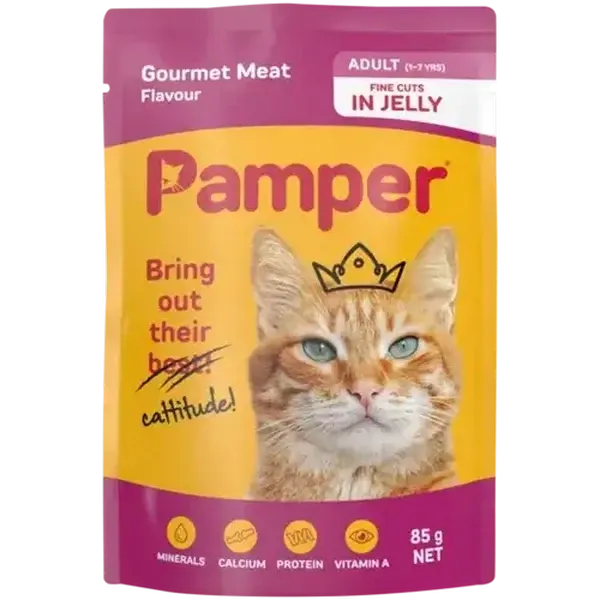 Pamper Gourmet Meat Flavoured Adult Cat Food In Jelly Pouch 85g