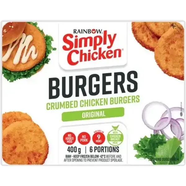 RAINBOW Simply Chicken Frozen Crumbed Chicken Burger Patties 400g