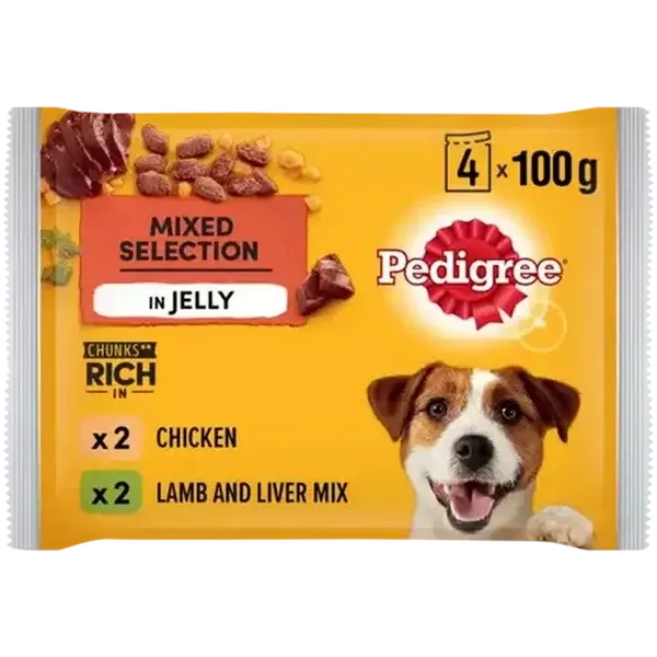 Pedigree Mixed Selection Chicken, Lamb & Liver Mix In Jelly Dog Food Pouch 4 x 100g