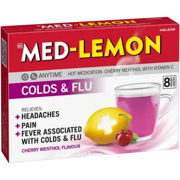 Med-Lemon Cherry Menthol Flavour Colds & Flu Hot Medication 8 Pack