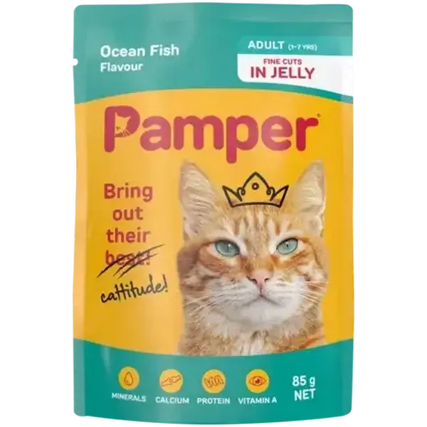 Pamper Ocean Fish Flavoured Adult Cat Food In Jelly Pouch 85g