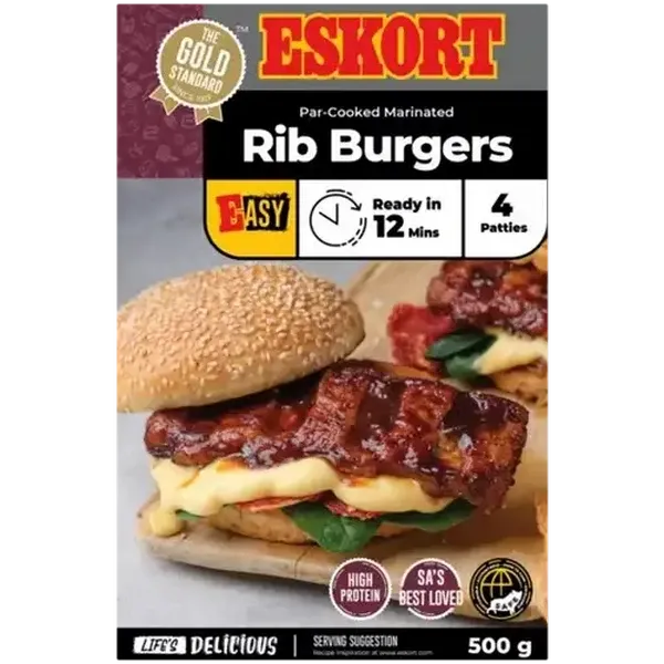 Eskort Frozen Par-Cooked Marinated Rib Burgers 4 Pack