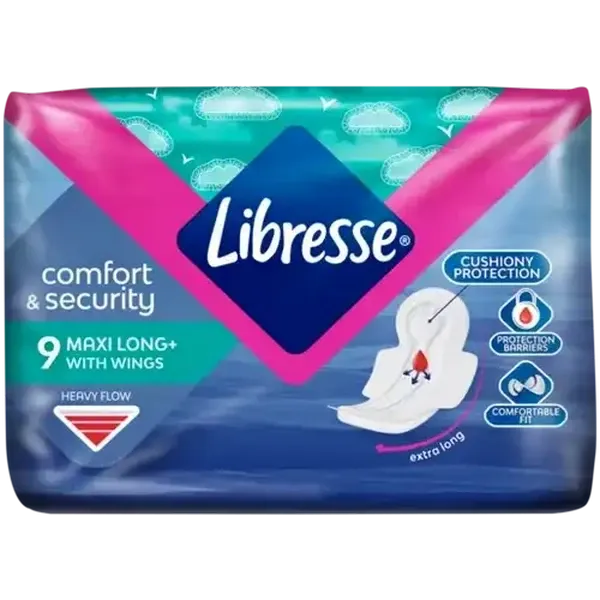 Libresse Heavy Flow Maxi Long+ Sanitary Pads with Wings 9 Pack