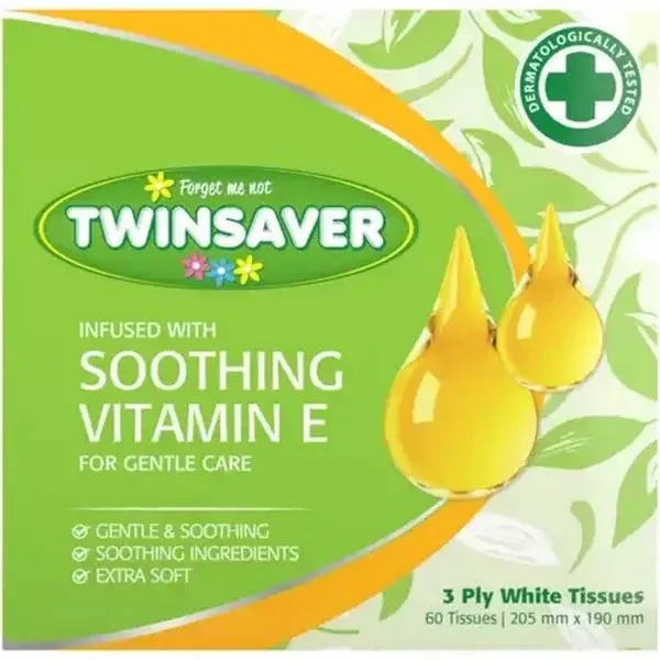Twinsaver Soothing Vitamin E 3 Ply Facial Tissues 60 Pack