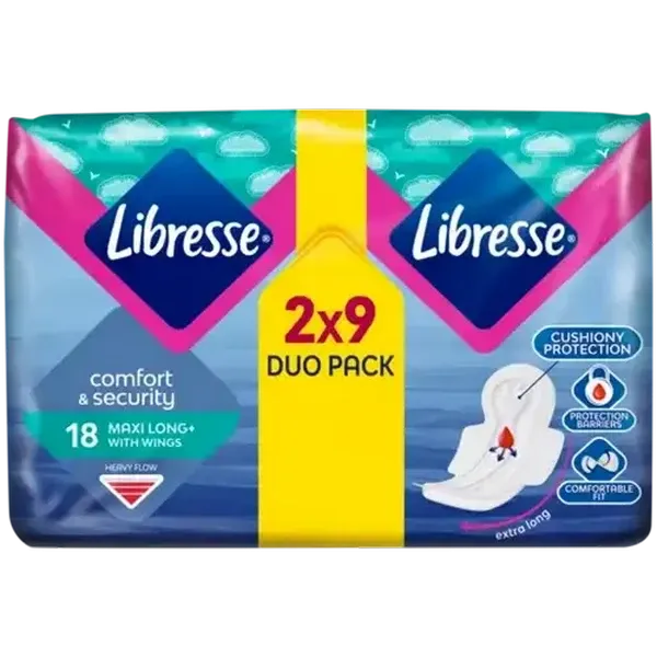 Libresse Heavy Flow Maxi Long+ Sanitary Pads with Wings 18 Pack