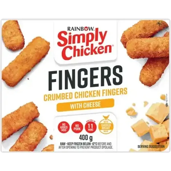 RAINBOW Simply Chicken Frozen Crumbed Chicken Fingers with Cheese 400g