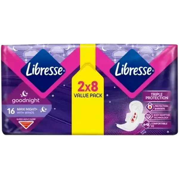 Libresse Super Heavy Flow Maxi Night+ Sanitary Pads with Wings 16 Pack