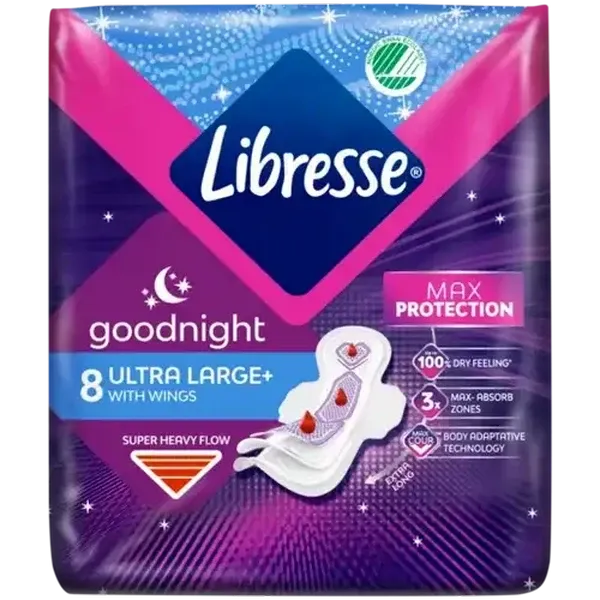 Libresse Super Heavy Flow Ultra Large+ Sanitary Pads with Wings 8 Pack