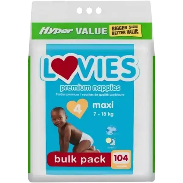 Lovies Hyper Value Size 4 7-18kg Maxi Premium Nappies 104 Pack