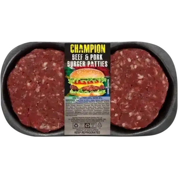Champion Meats 1-Inch-Thick Beef & Pork Burger Patties Per KG (2 Patties)