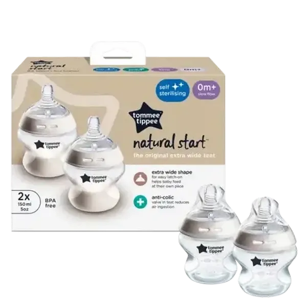 Tommee Tippee Natural start 150ml self-sterilising clear bottle 2-Pack 0 Months +  (Type May Vary)