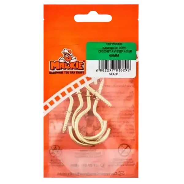 Mackie Brass Plated Cup Hook 40mm 5 Piece