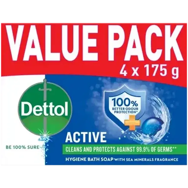 Dettol Active Hygiene Bath Soap Bar 4 x 175g