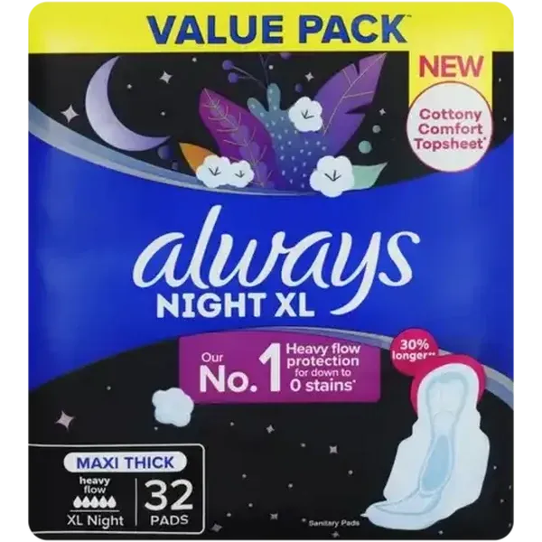 Always Heavy Flow Night XL Maxi Thick Sanitary Pads 32 Pack