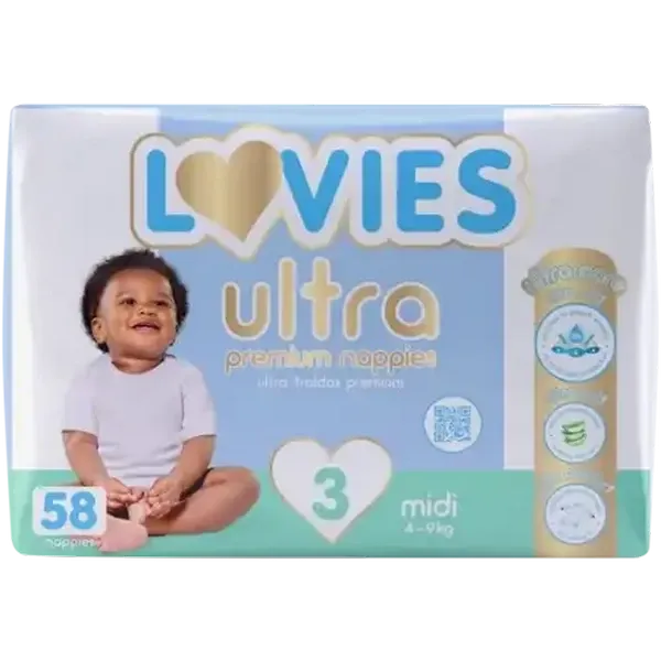 Lovies Ultra Premium Size 3 4-9kg Disposable Nappies 58 Pack