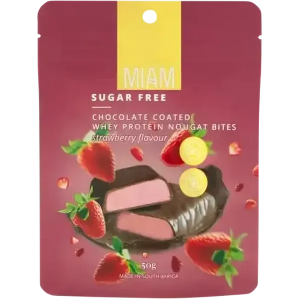 Miam Strawberry Flavour Chocolate Coated Whey Protein Nougat Bites 50g