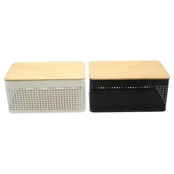 Steel Basket Black/White with Bamboo Lid 34 x 19 x 15cm (Colour May Vary)