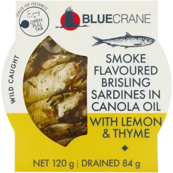 Blue Crane Smoke Flavoured Brisling Sardines in Canola Oil with Lemon & Thyme 120g