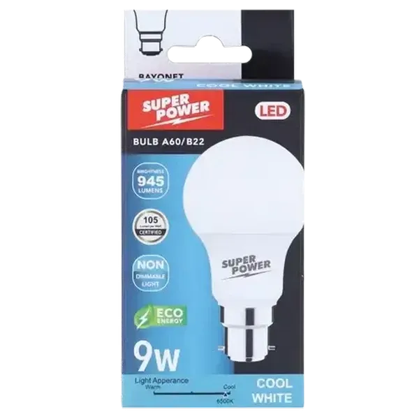 Super Power A60 LED Globe Cool White Bayonet 9W