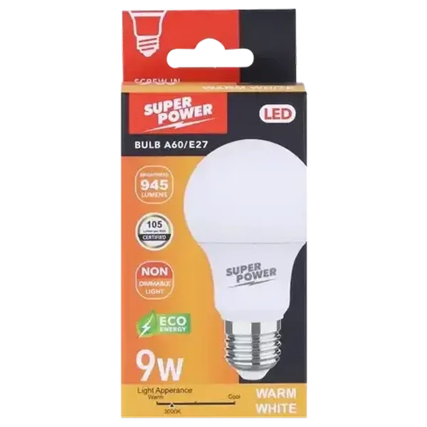 Super Power A60 LED Globe Warm White E27 Edison Screw 9W