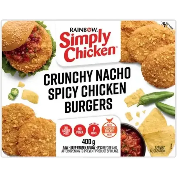 RAINBOW Simply Chicken Frozen Crunchy Nacho Spicy Chicken Burgers 400g