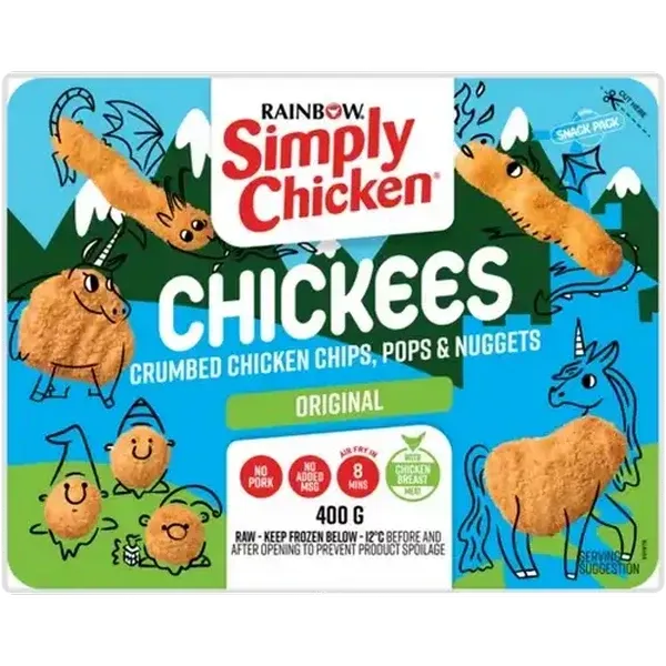 RAINBOW Simply Chicken Original Frozen Chickees Crumbed Chicken Chips, Pops & Nuggets 400g