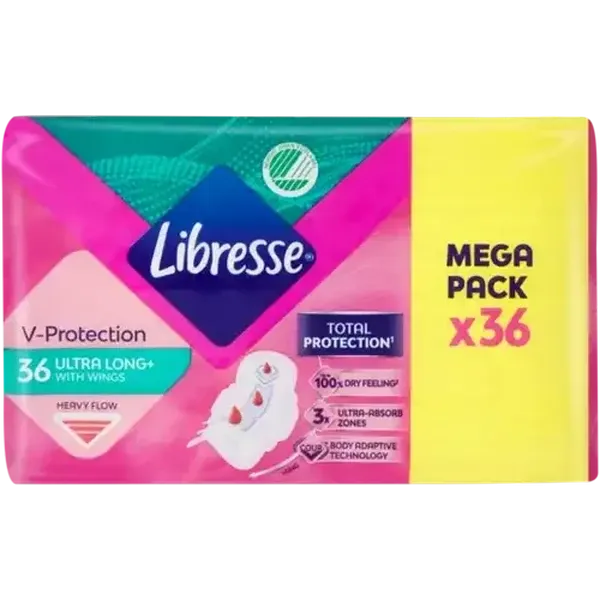 Libresse V-Protection Heavy Flow Ultra Long+ Sanitary Pads with Wings 36 Pack