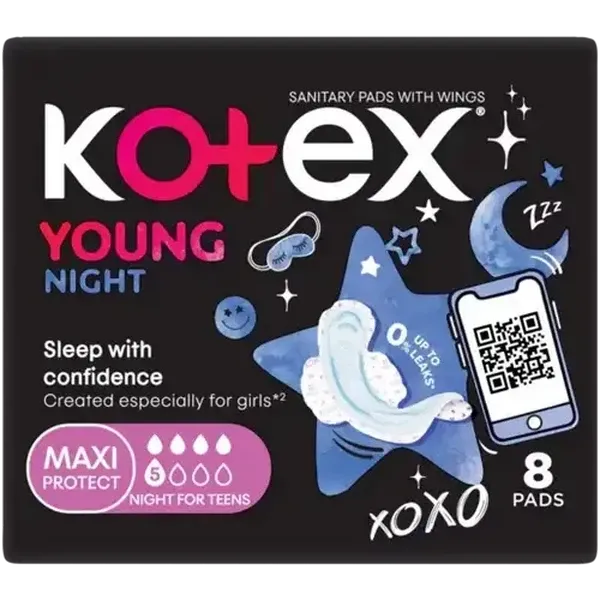 Kotex Young Maxi Protect Night Sanitary Pads with Wings 8 Pack