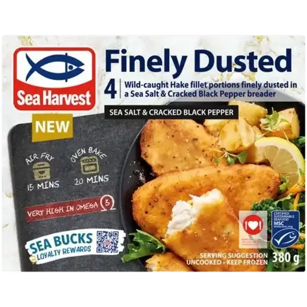 Sea Harvest Sea Salt & Cracked Black Pepper Frozen Finely Dusted Hake Fillet Portions 380g