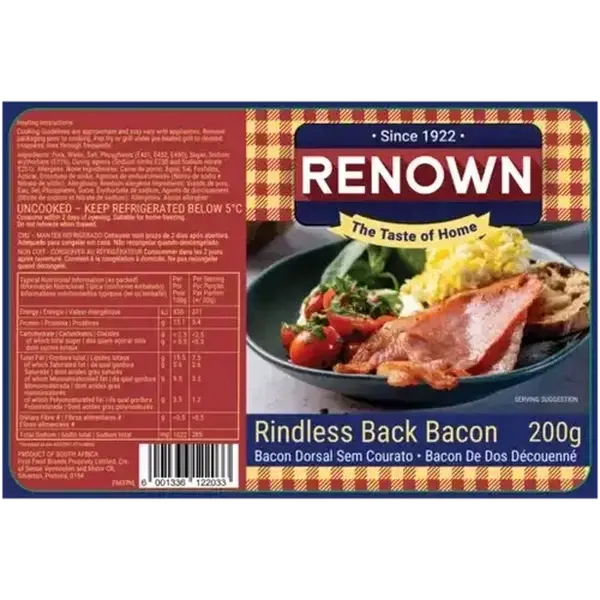 Renown Rindless Back Bacon 200g
