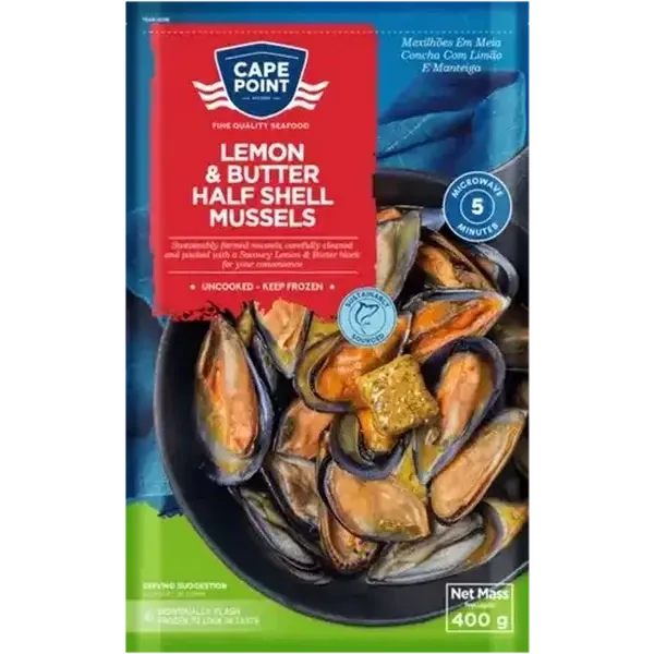 Cape Point Frozen Lemon & Butter Half Shell Mussels 400g