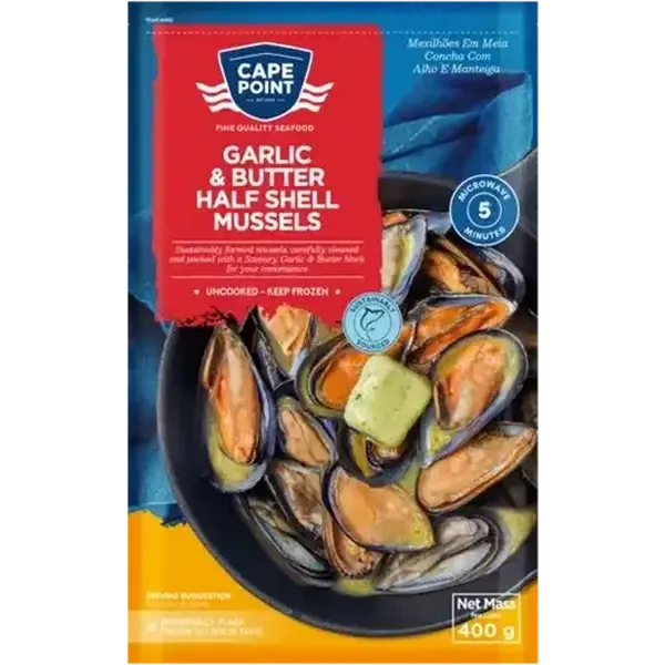 Cape Point Frozen Garlic & Butter Half Shell Mussels 400g