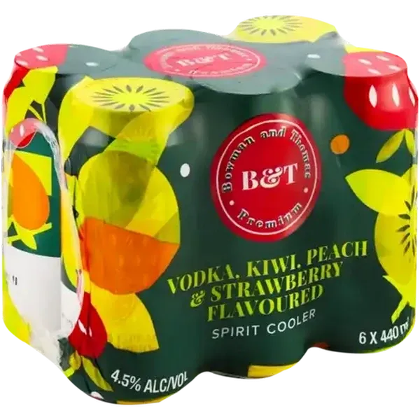 Bowman & Thomas Vodka, Kiwi, Peach & Strawberry Flavoured Spirit Cooler 6 x 440ml