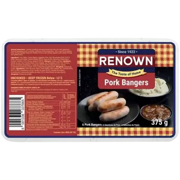 Renown Frozen Pork Bangers 375g
