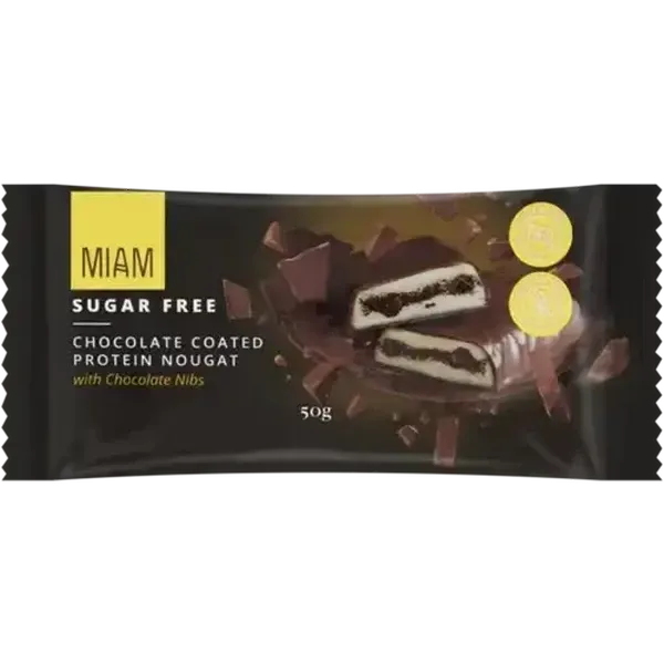 Miam Chocolate Coated Protein Nougat Bar with Chocolate Nibs 50g
