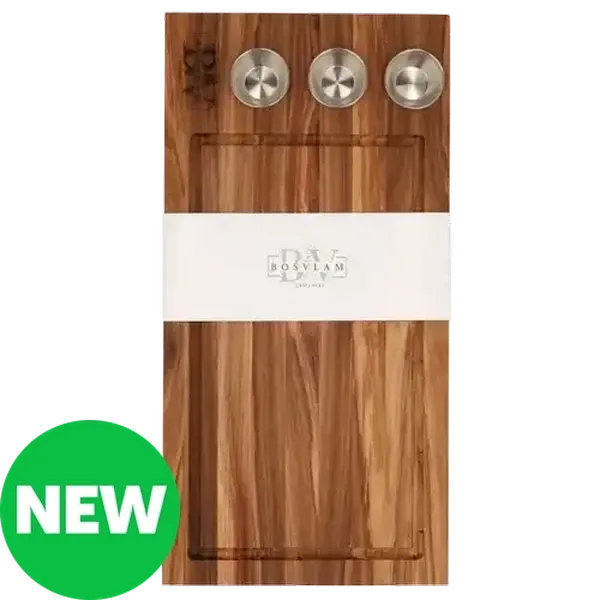 Bosvlam Kiaat Cutting Board with Stainless Steel Sauce Cups 4-Piece