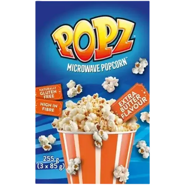 Popz Gluten Free Extra Butter Flavour Theatre Style Microwave Popcorn 3 x 85g