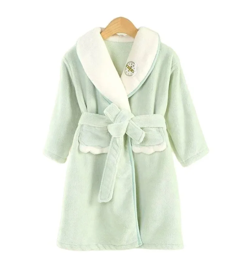 Long Warm Kids Bathrobe Winter Thick Flannel Thermal Bathrobe - Green