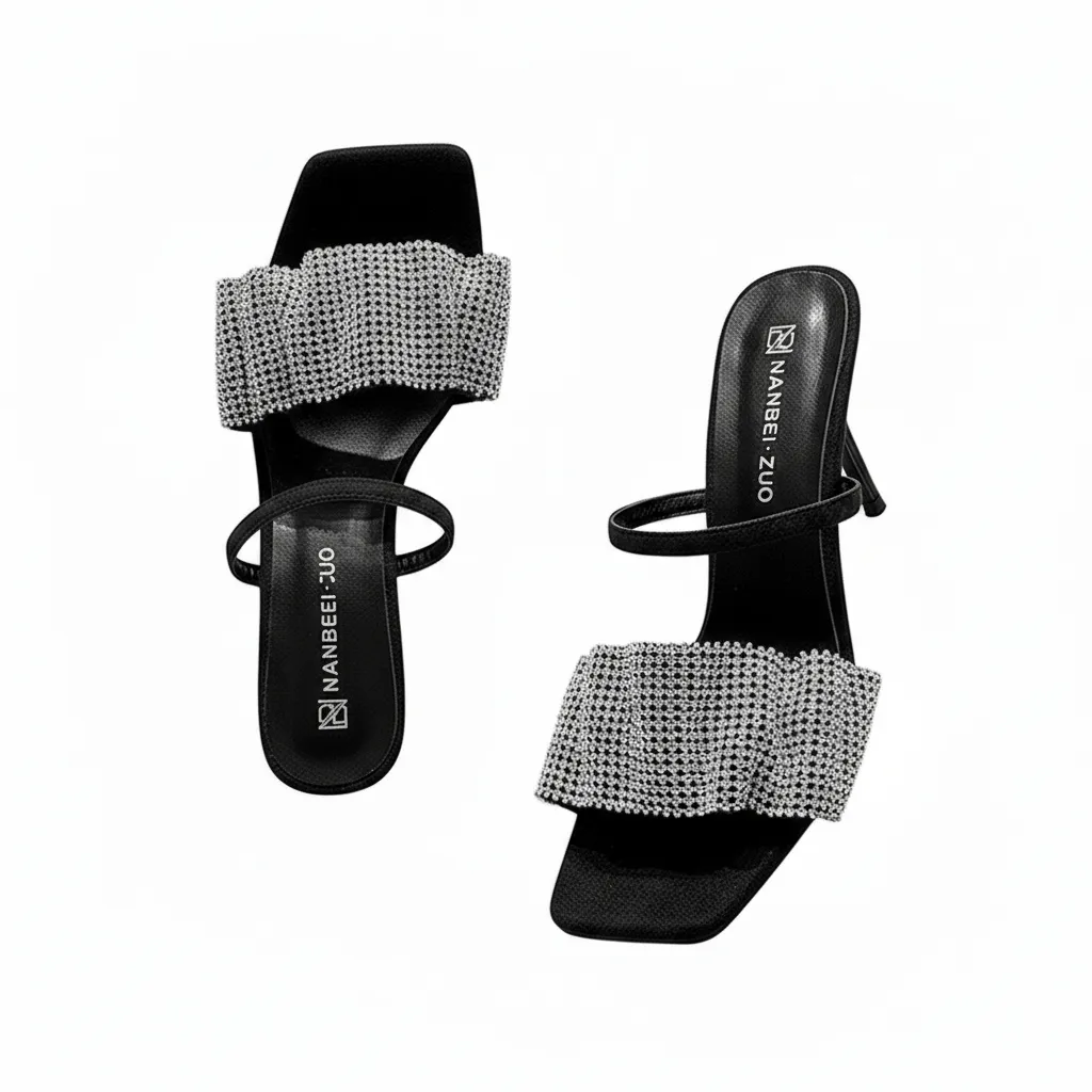 Women's Rhinestone Ruched Square-Toe Mule Heels With Slim Heel - Black
