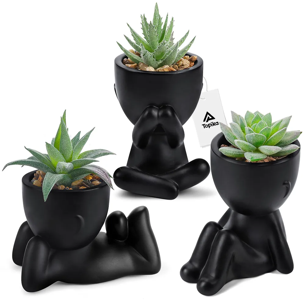 Topika 3pcs Artificial Succulent Plants in Black cute funny Humanoid Pots