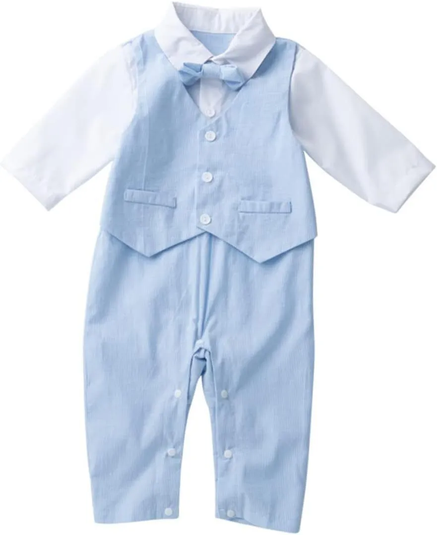 Gentleman Style Baby Romper Outfit Long Sleeve Jumpsuit Vest Light Blue 66