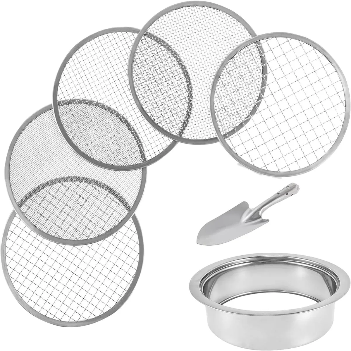 7Pcs Stainless Steel Soil Sieve Set with 5 Sieve-inserts (1,3,6,9,12mm)