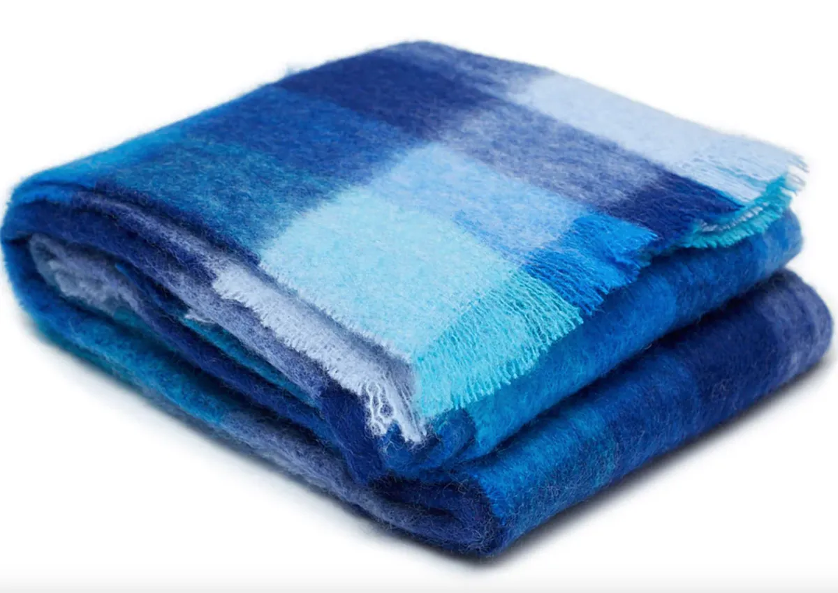 Ingubo Mohair Wool Checkered Blanket Throw - 180x130cm - Light Blue