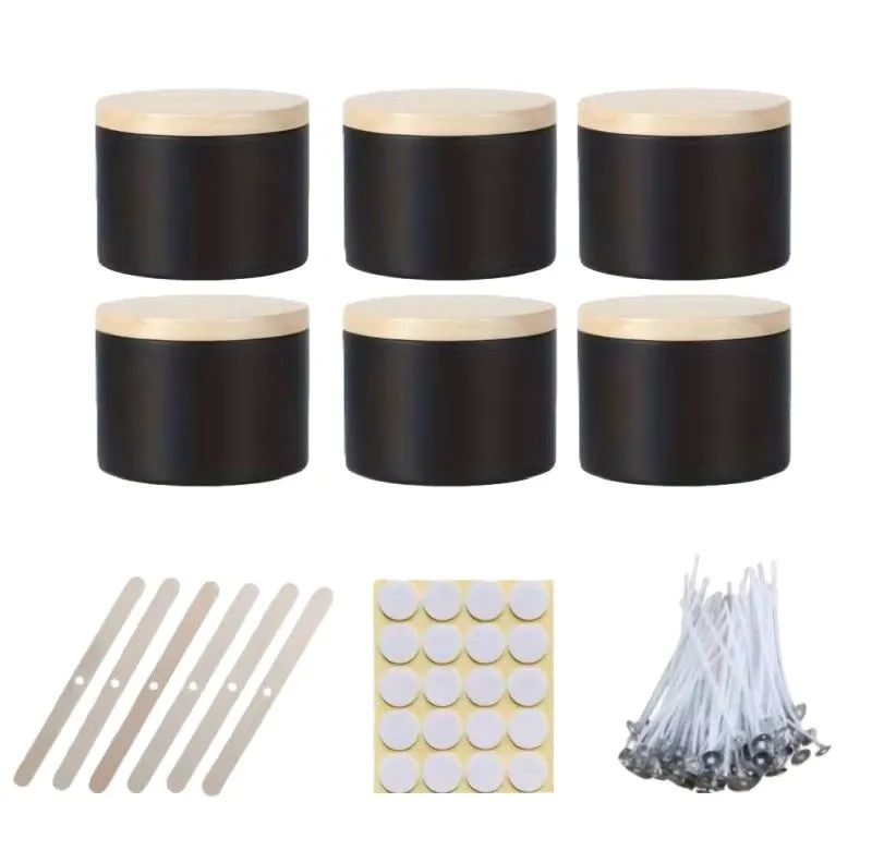 6 set Candle-Making Kit with Woody-lid Metal Jars - Black