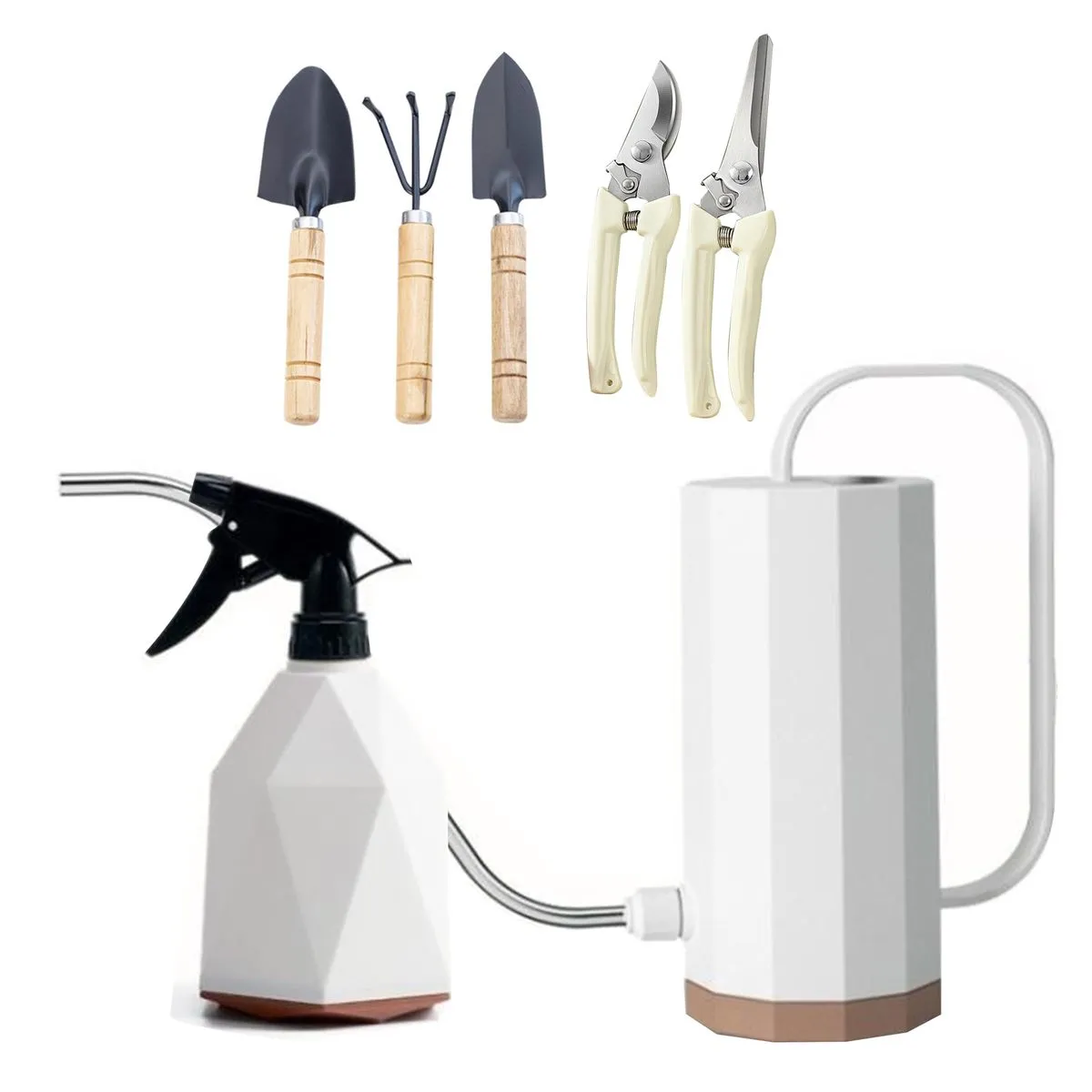 7 Piece Gardening Tools Set Watering Can Pruning Scissors Wooden Shovels
