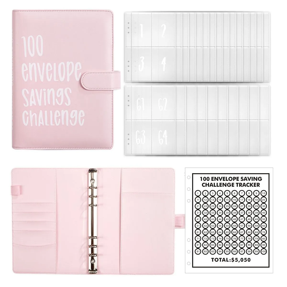 A5 Money Saving Budget Binder,100 Cash Envelopes Challenge Binder&Stickers. - Pink