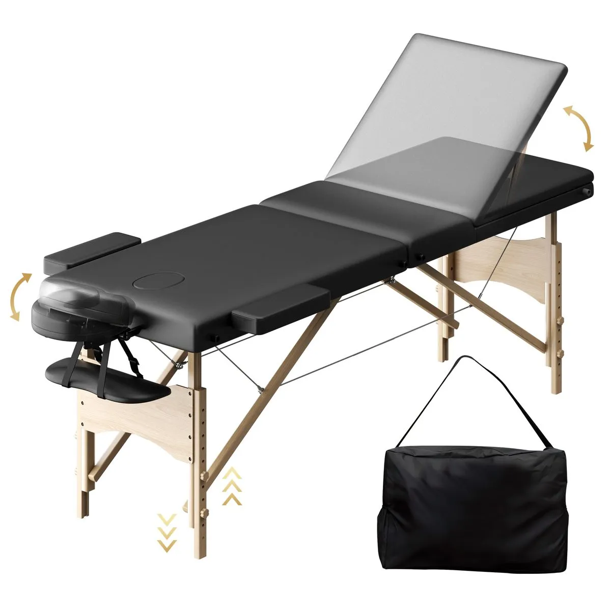 Portable 3-Folding Massage Table,Height Adjustable Massage Bed for Beauty - Black